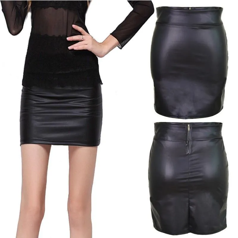 High Waist Pu Faux Leather Skirts Zipper Pencil Mini Skirt