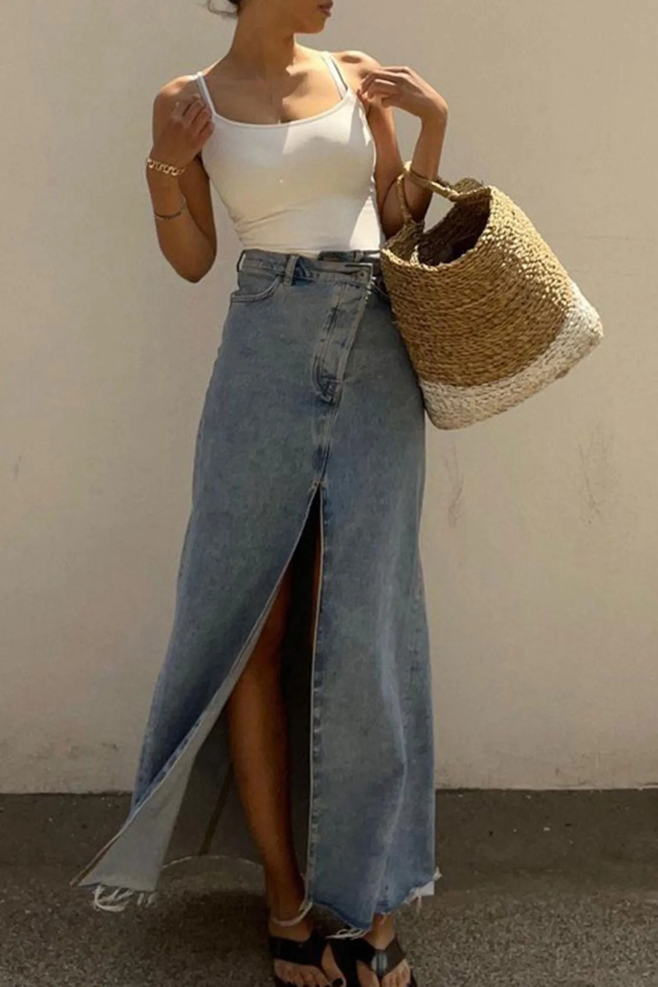 High Waist Slit Front Distressed Denim Skirt