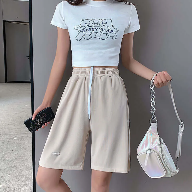 Ice silk sports shorts female summer loose thin section 2021 new high waist straight slim casual hairs five pants