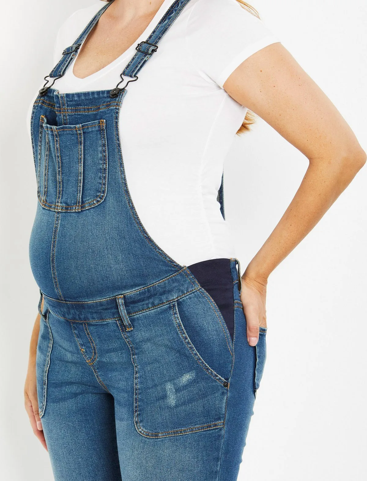 Indigo Blue Side Panel Letdown Hem Maternity Overalls in Medium Wash