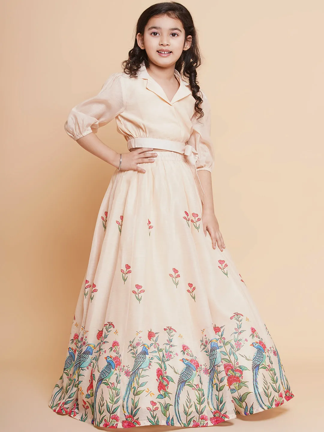 Jashvi Girls Beige Peacock Printed Ready to wear Lehenga with Choli