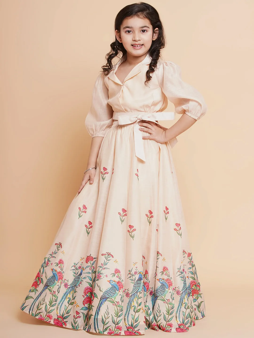 Jashvi Girls Beige Peacock Printed Ready to wear Lehenga with Choli