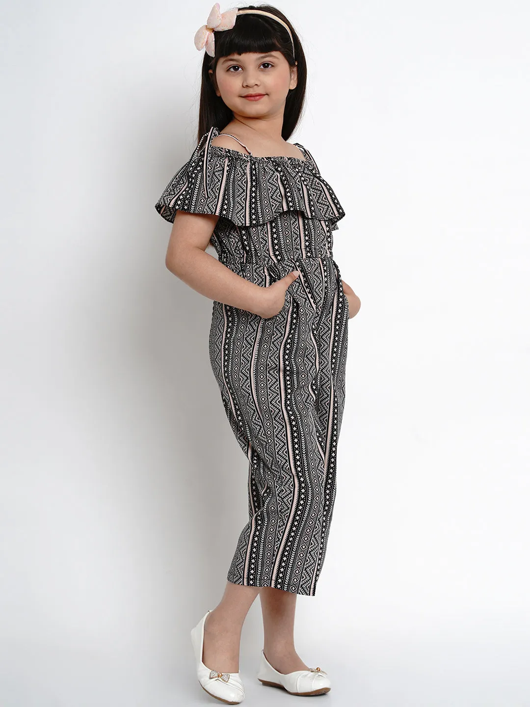 Jashvi Girls Black & Off White Printed Off-Shoulder Jumpsuit