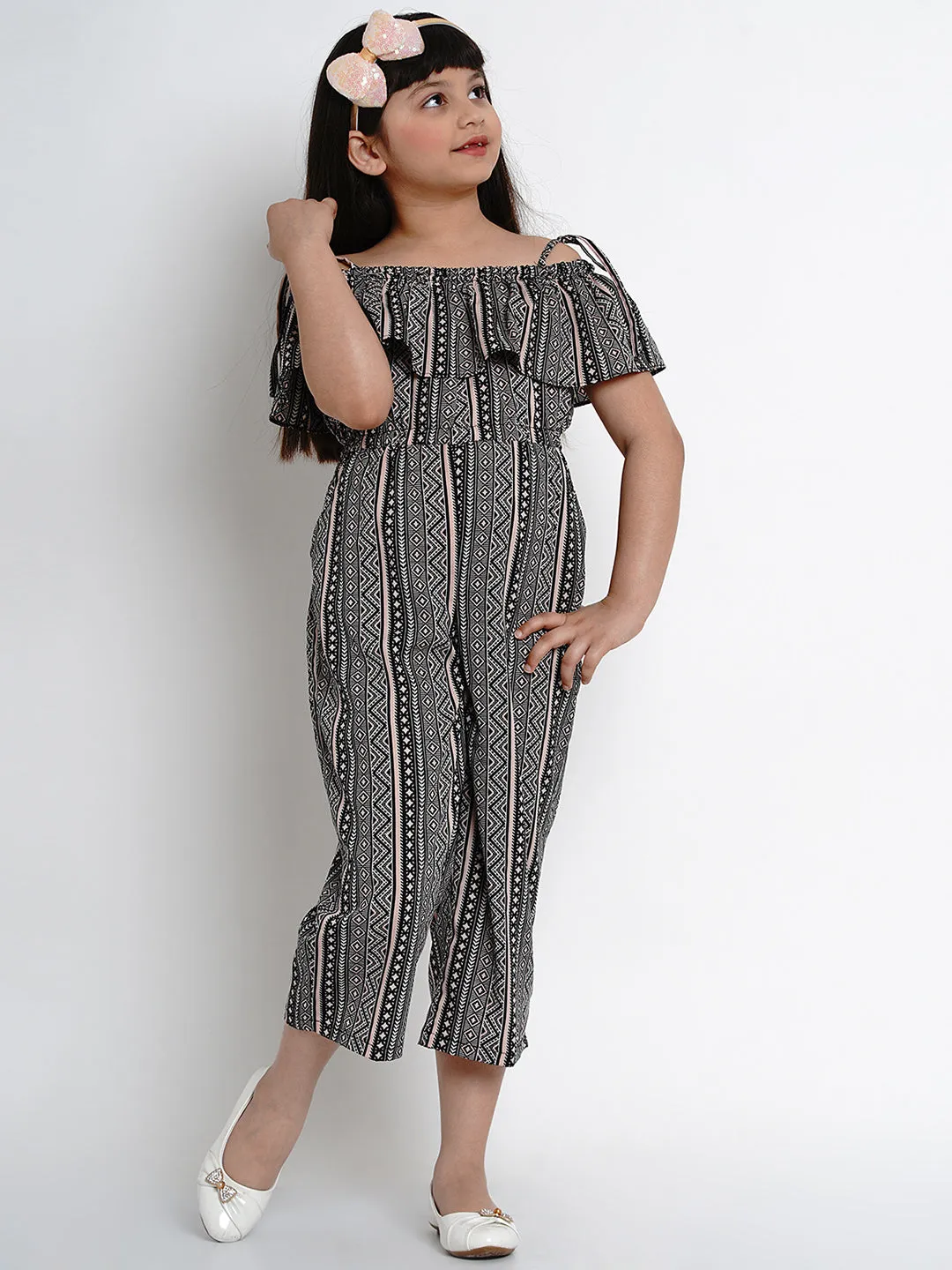 Jashvi Girls Black & Off White Printed Off-Shoulder Jumpsuit