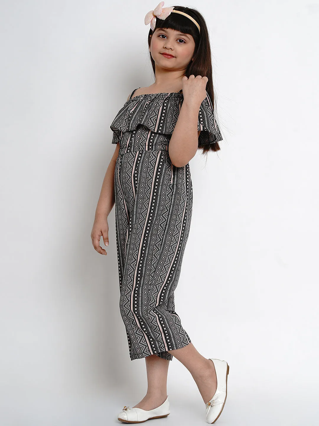 Jashvi Girls Black & Off White Printed Off-Shoulder Jumpsuit