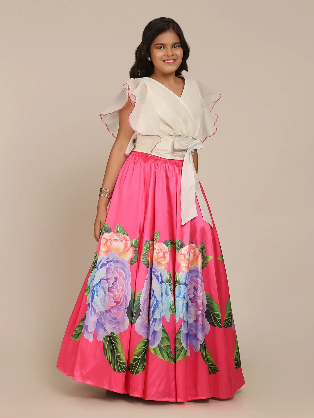 Jashvi  Girls Off White & Pink Ready to Wear Digital Print Lehenga Choli