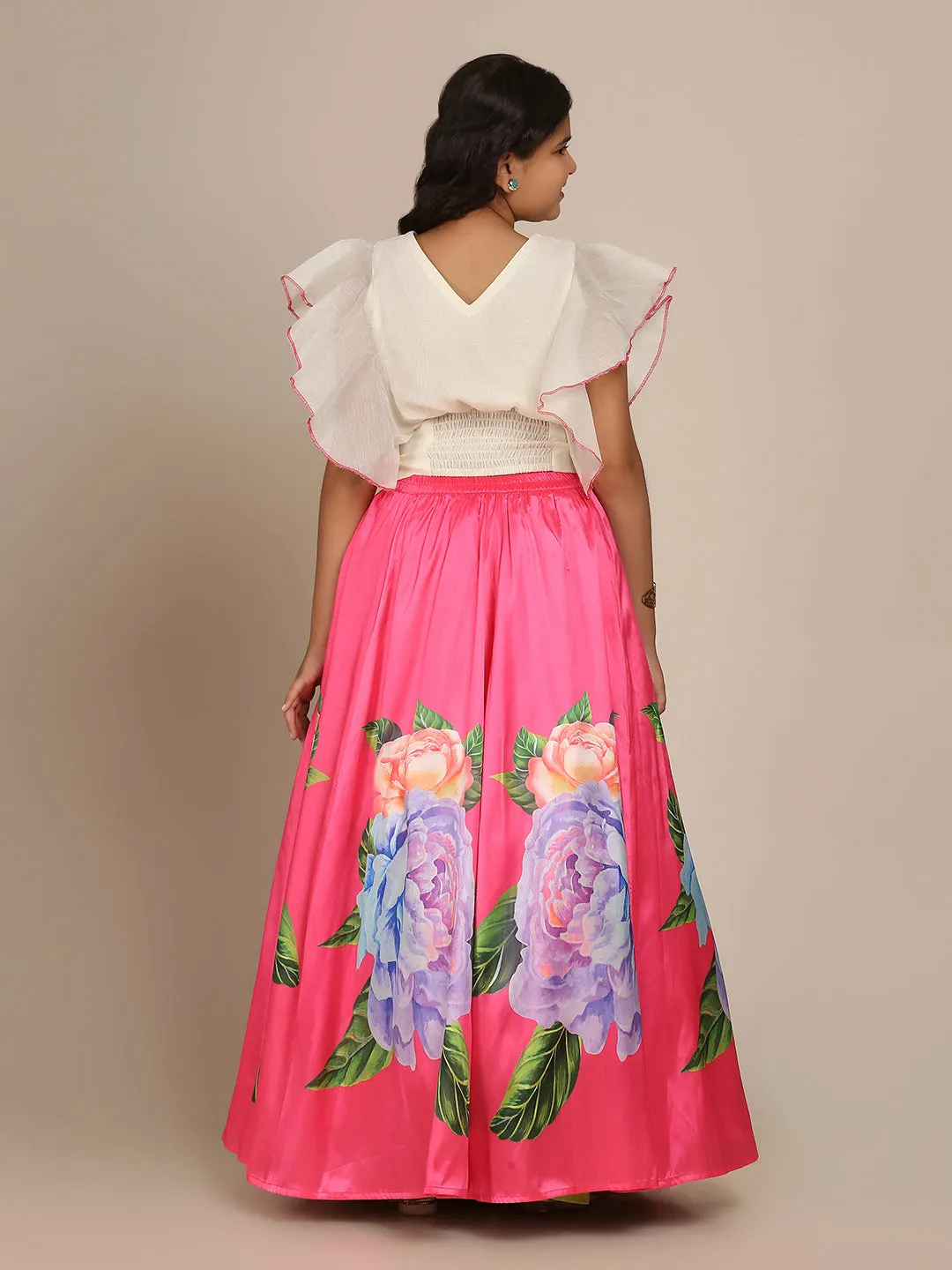 Jashvi  Girls Off White & Pink Ready to Wear Digital Print Lehenga Choli