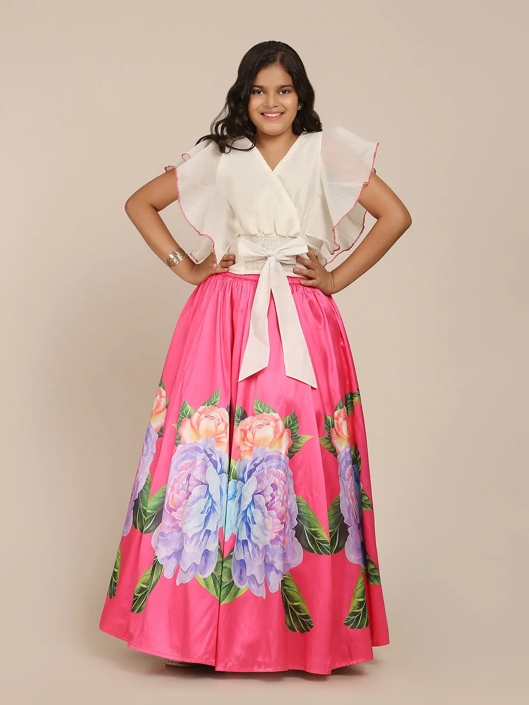 Jashvi  Girls Off White & Pink Ready to Wear Digital Print Lehenga Choli