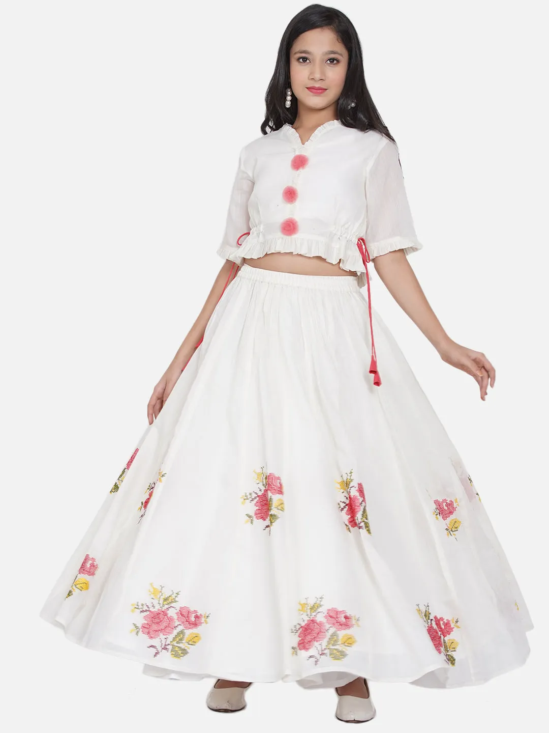 Jashvi Girls White & Green Embroidered Choli Ready To Wear Lehenga