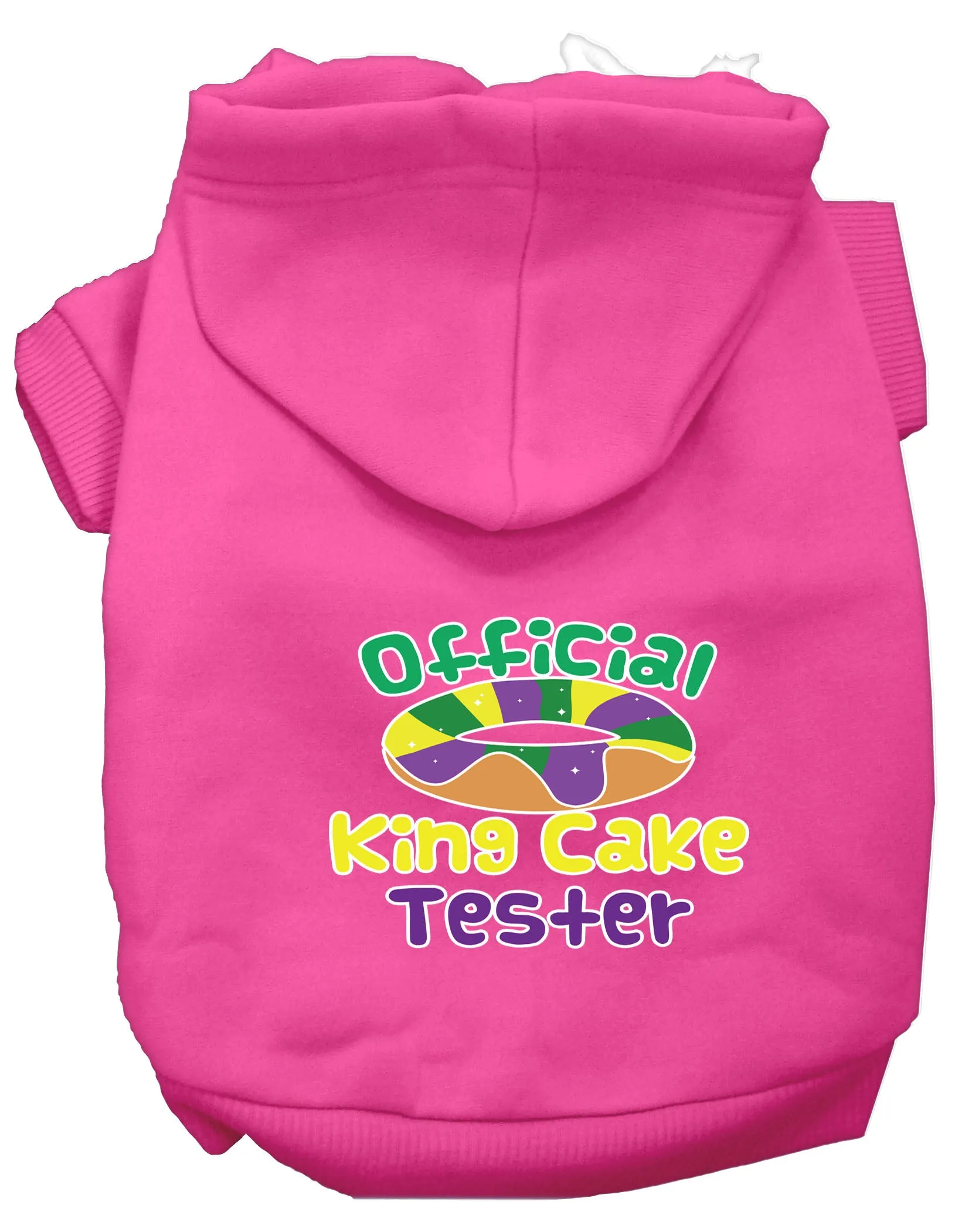 King Cake Taster Screen Print Mardi Gras Dog Hoodie Bright Pink Xxxl