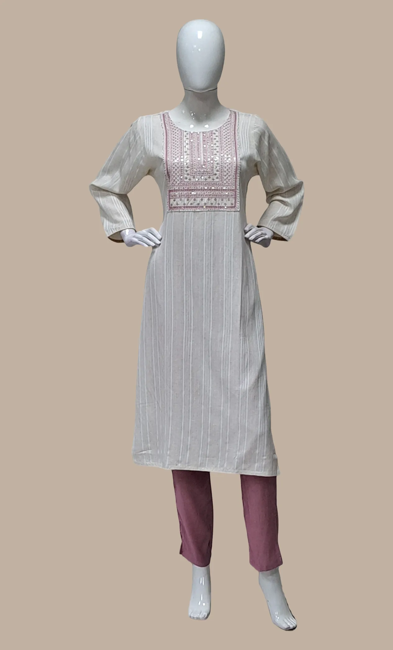 Light Biscuit Embroidered Kurti Top & Pants