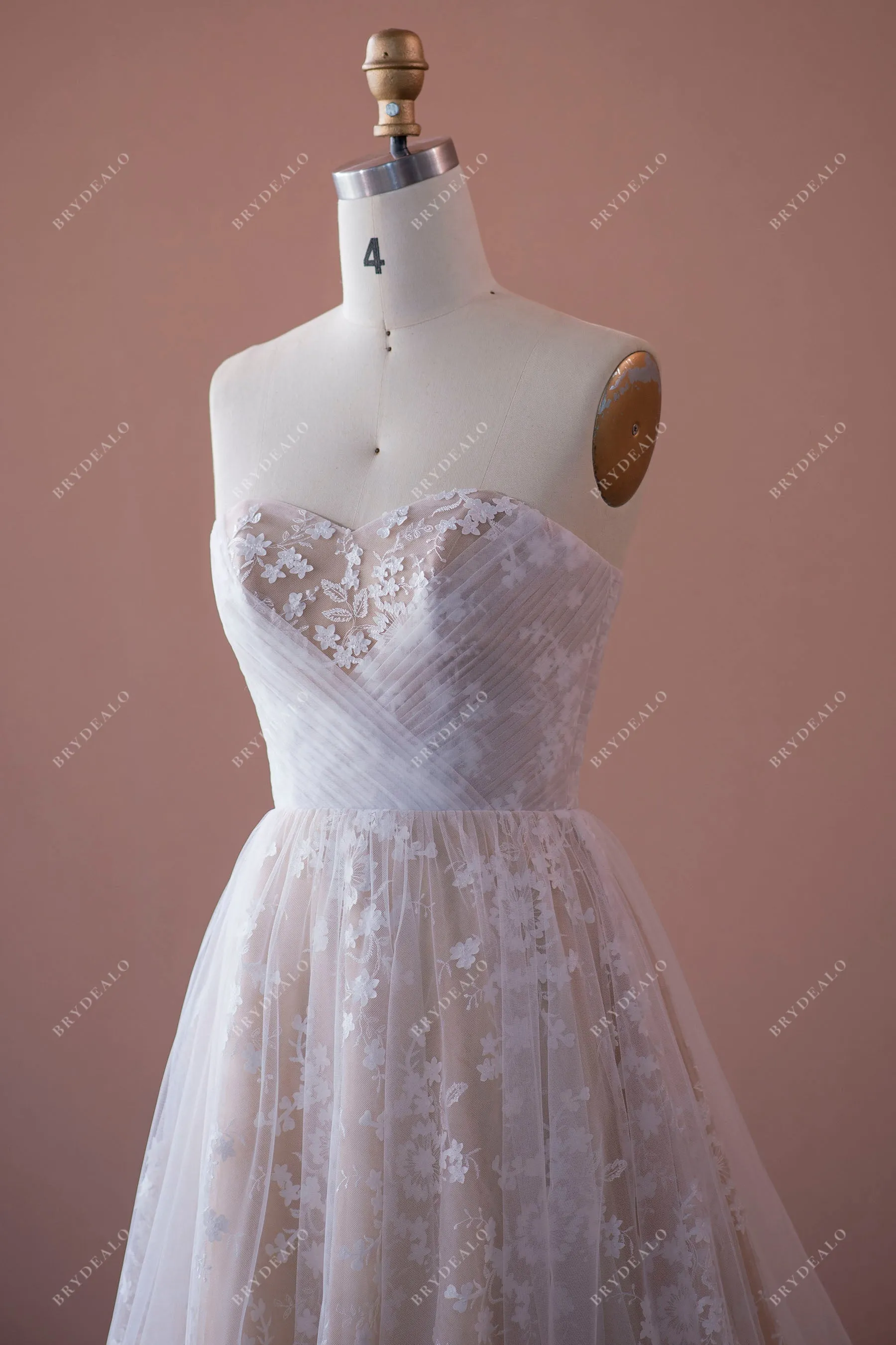 Nude Beige Sweetheart Neck A-line Lace Destination Wedding Dress