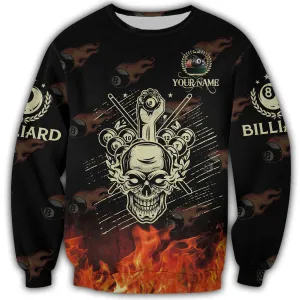 Personalized Name Billiard Skull Fire 3D Full Print Sweatshirt Hoodie, Skull Billiards Shirt