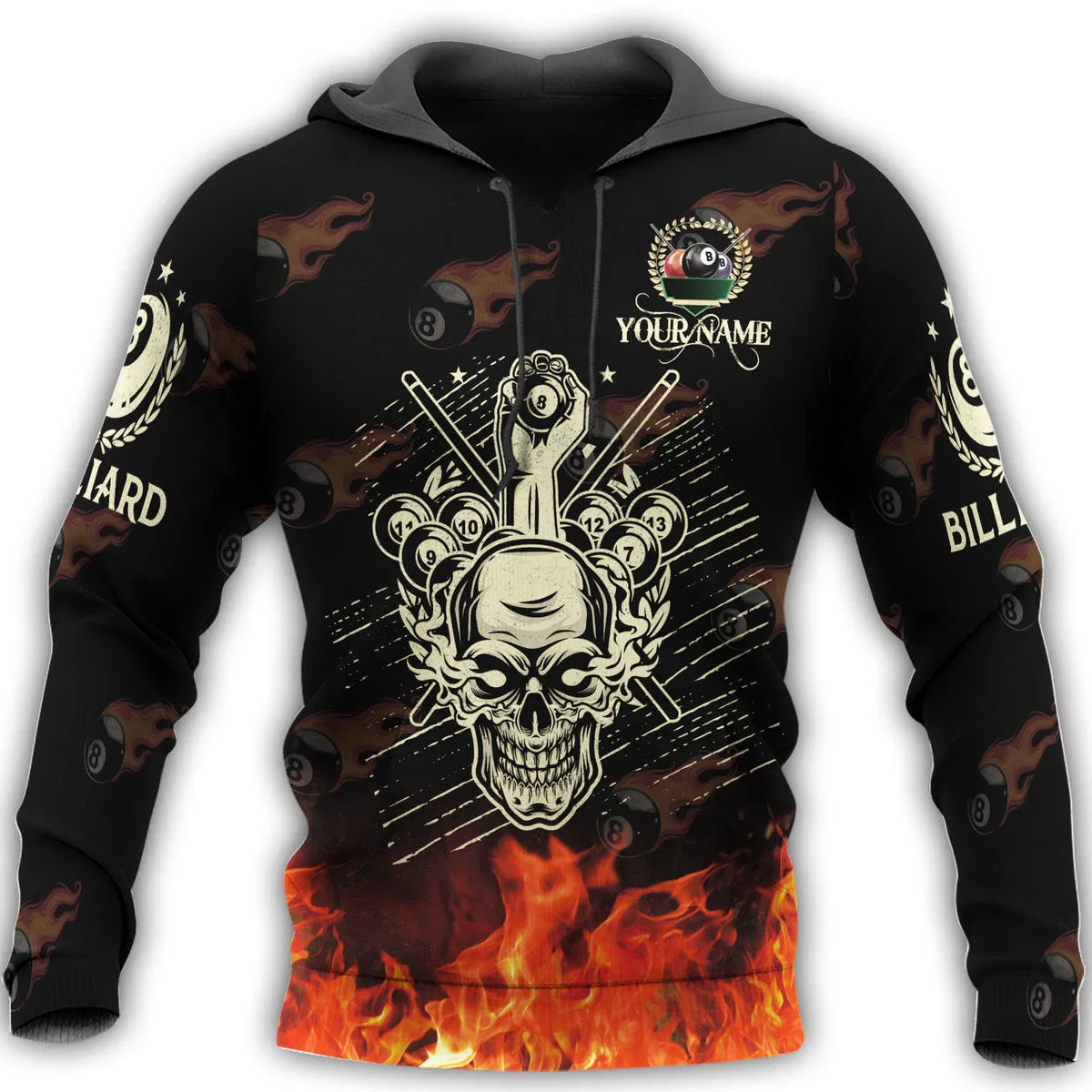 Personalized Name Billiard Skull Fire 3D Full Print Sweatshirt Hoodie, Skull Billiards Shirt