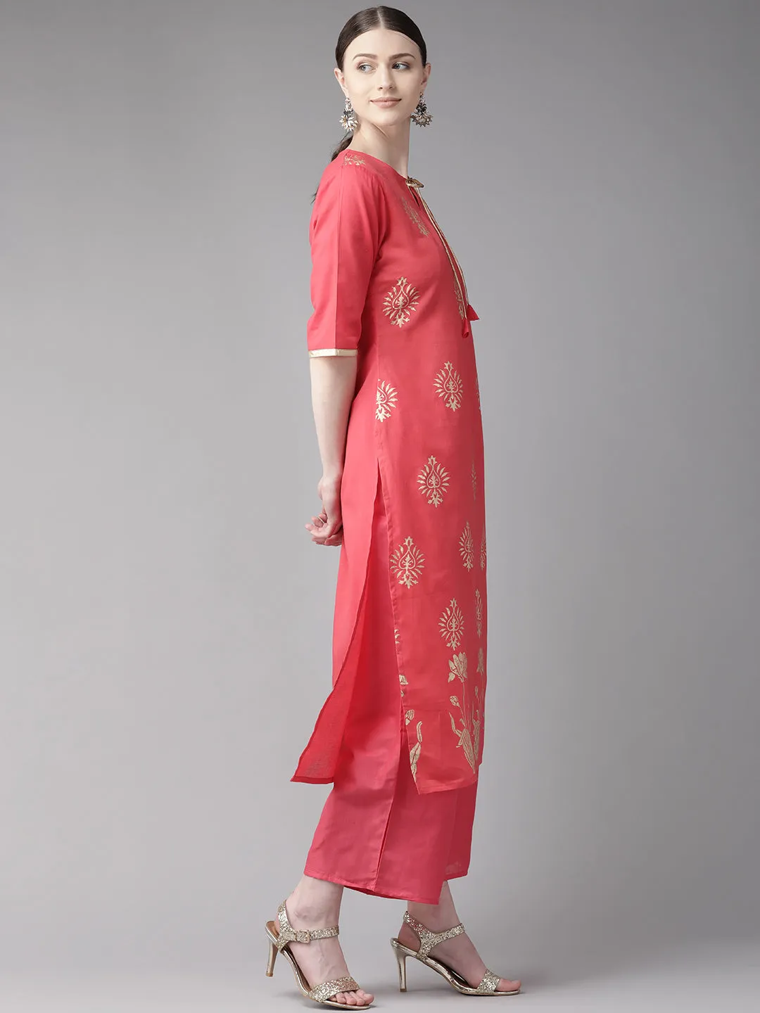 Pink And Golden Block Print Kurta With Palazzos