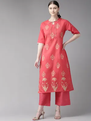 Pink And Golden Block Print Kurta With Palazzos