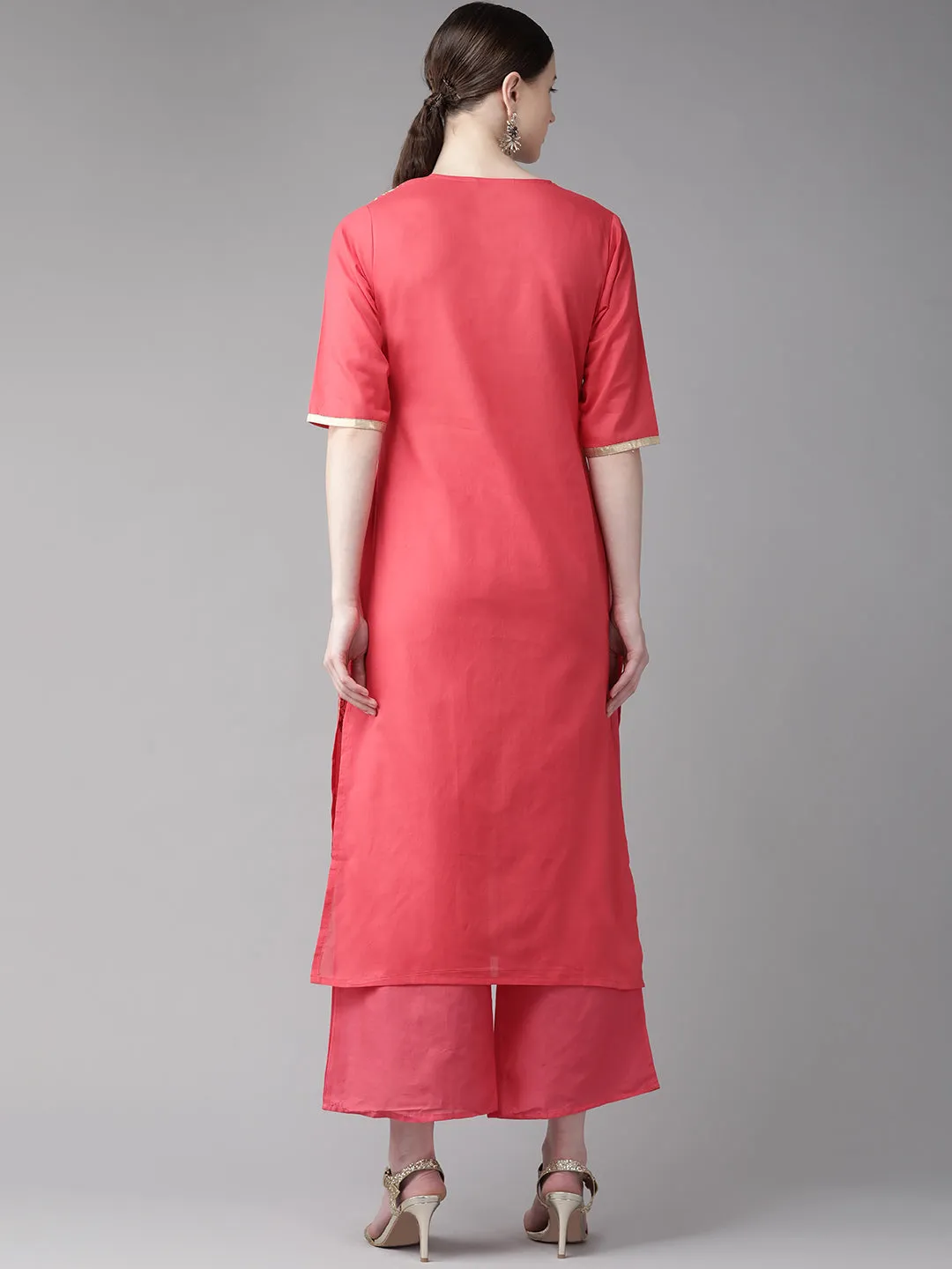 Pink And Golden Block Print Kurta With Palazzos