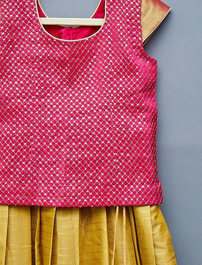 Pink and Yellow Semi Silk Kids Lehengas