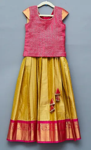 Pink and Yellow Semi Silk Kids Lehengas