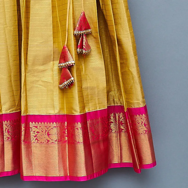 Pink and Yellow Semi Silk Kids Lehengas