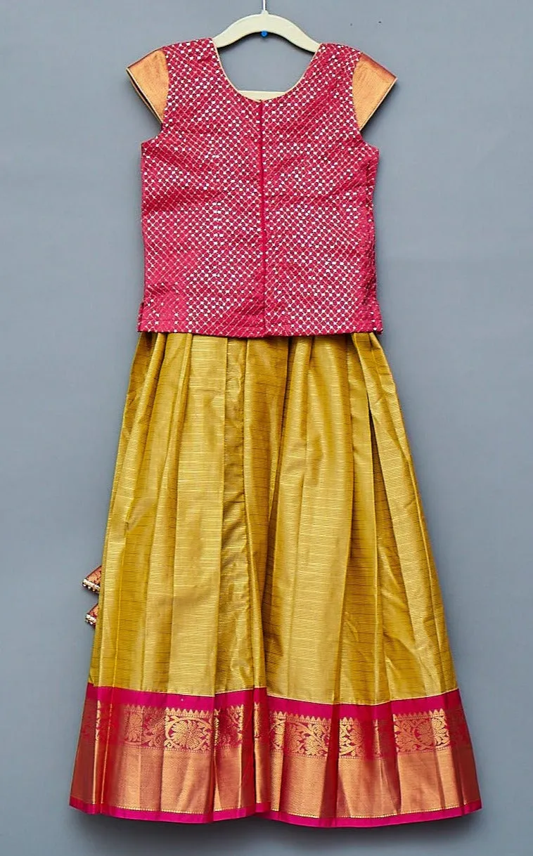 Pink and Yellow Semi Silk Kids Lehengas