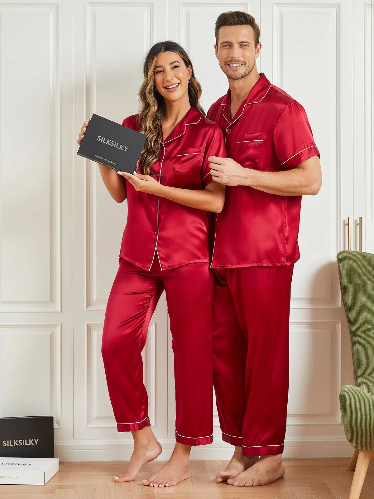 Pure Silk Short Sleeve Couple Pyjama Sets Total 4Pcs