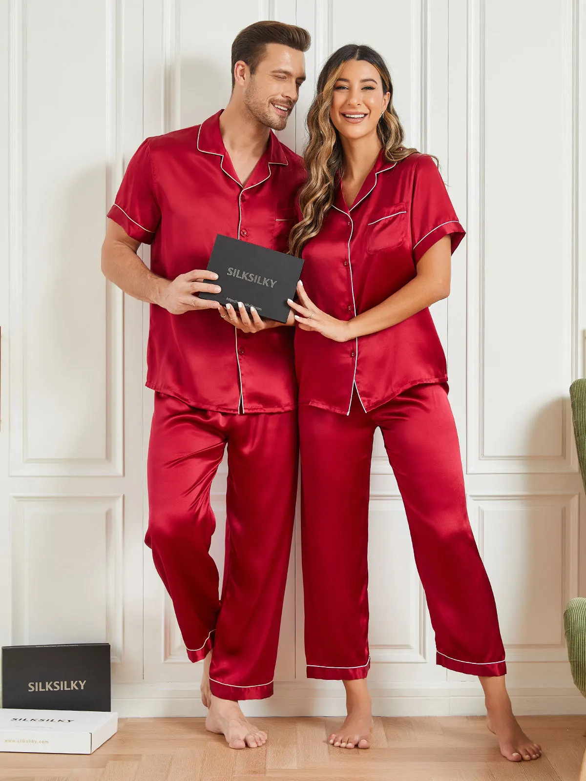 Pure Silk Short Sleeve Couple Pyjama Sets Total 4Pcs