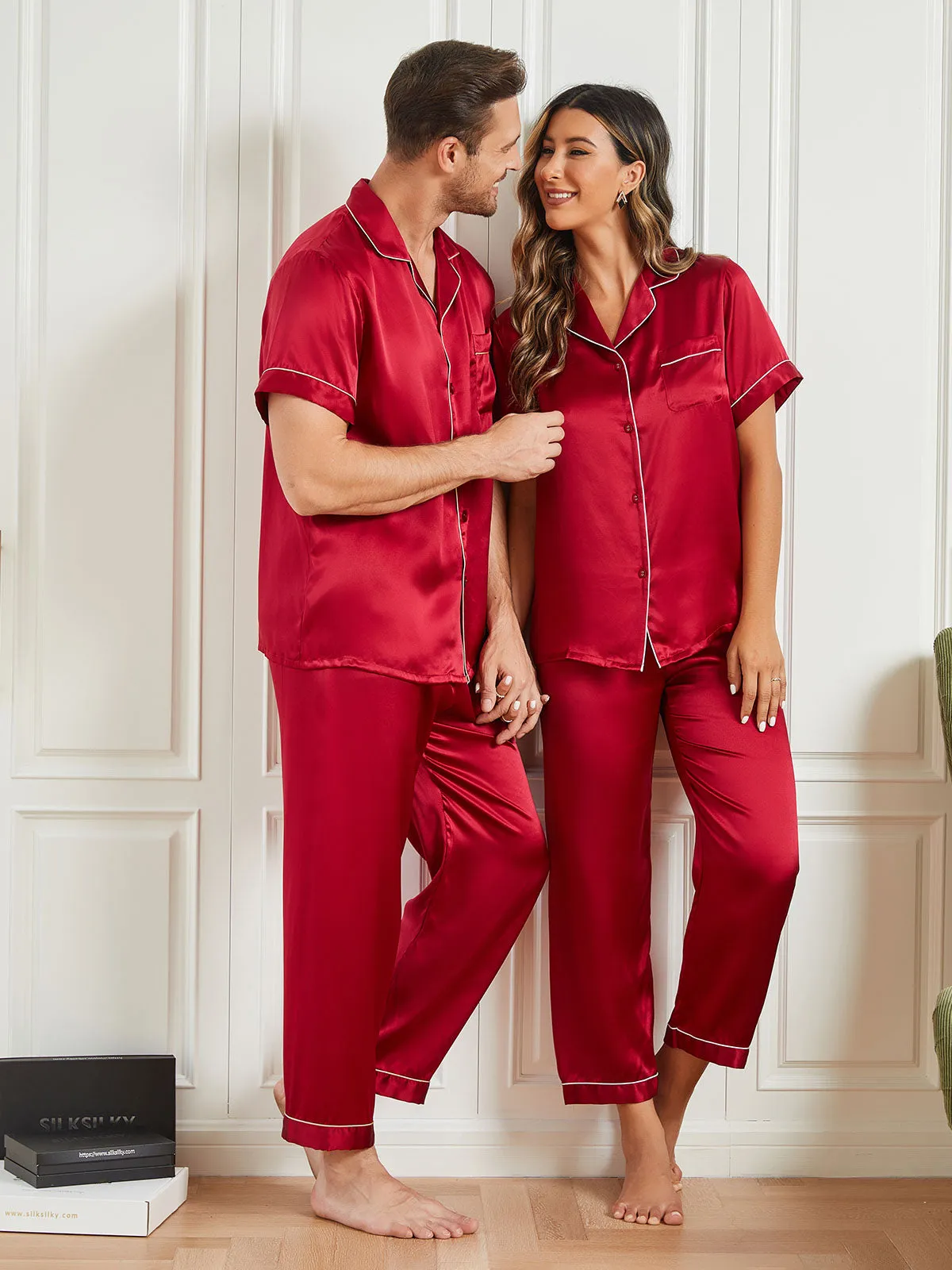 Pure Silk Short Sleeve Couple Pyjama Sets Total 4Pcs