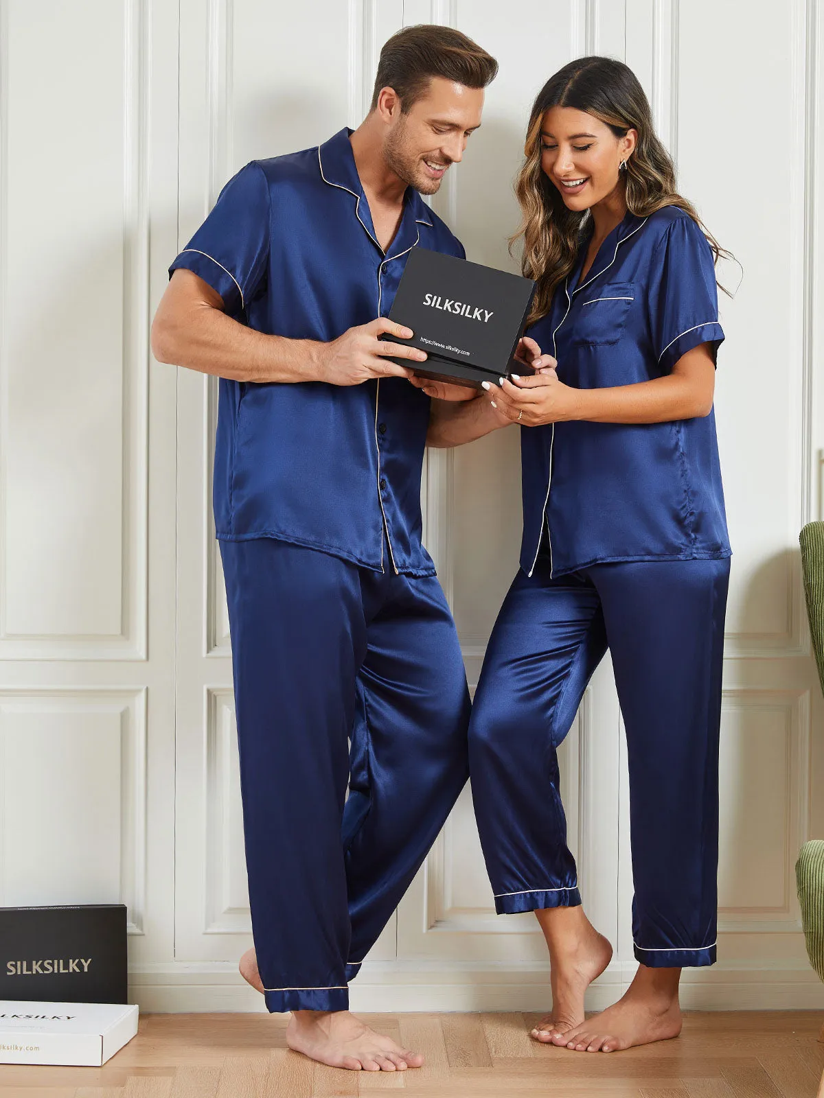 Pure Silk Short Sleeve Couple Pyjama Sets Total 4Pcs