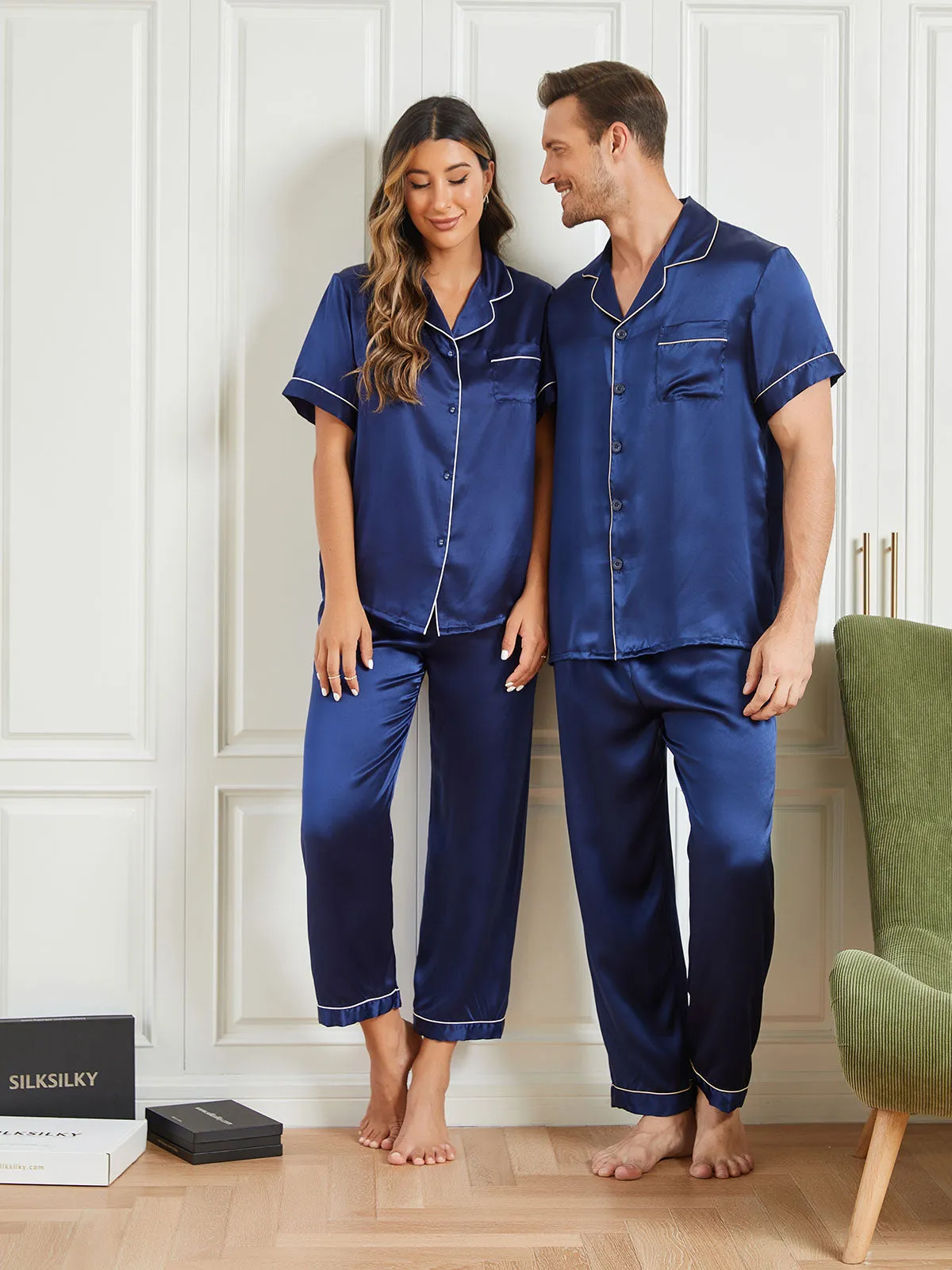 Pure Silk Short Sleeve Couple Pyjama Sets Total 4Pcs