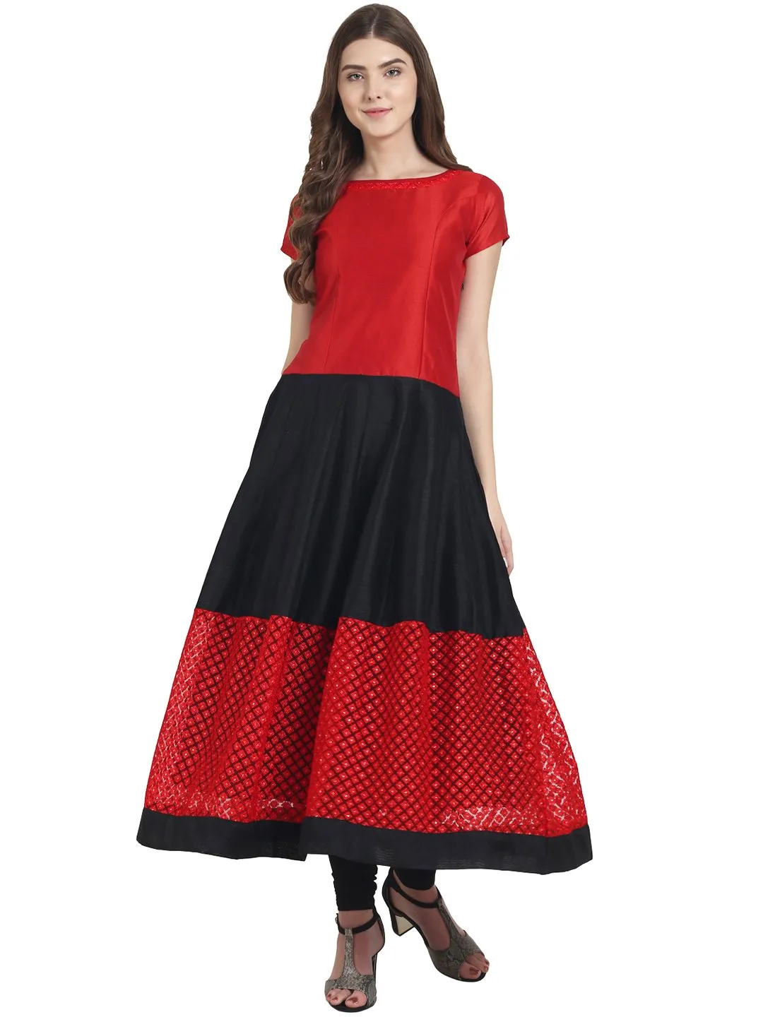 Red & Black Cap Sleeve Net And Dupion Anarkali Kurta