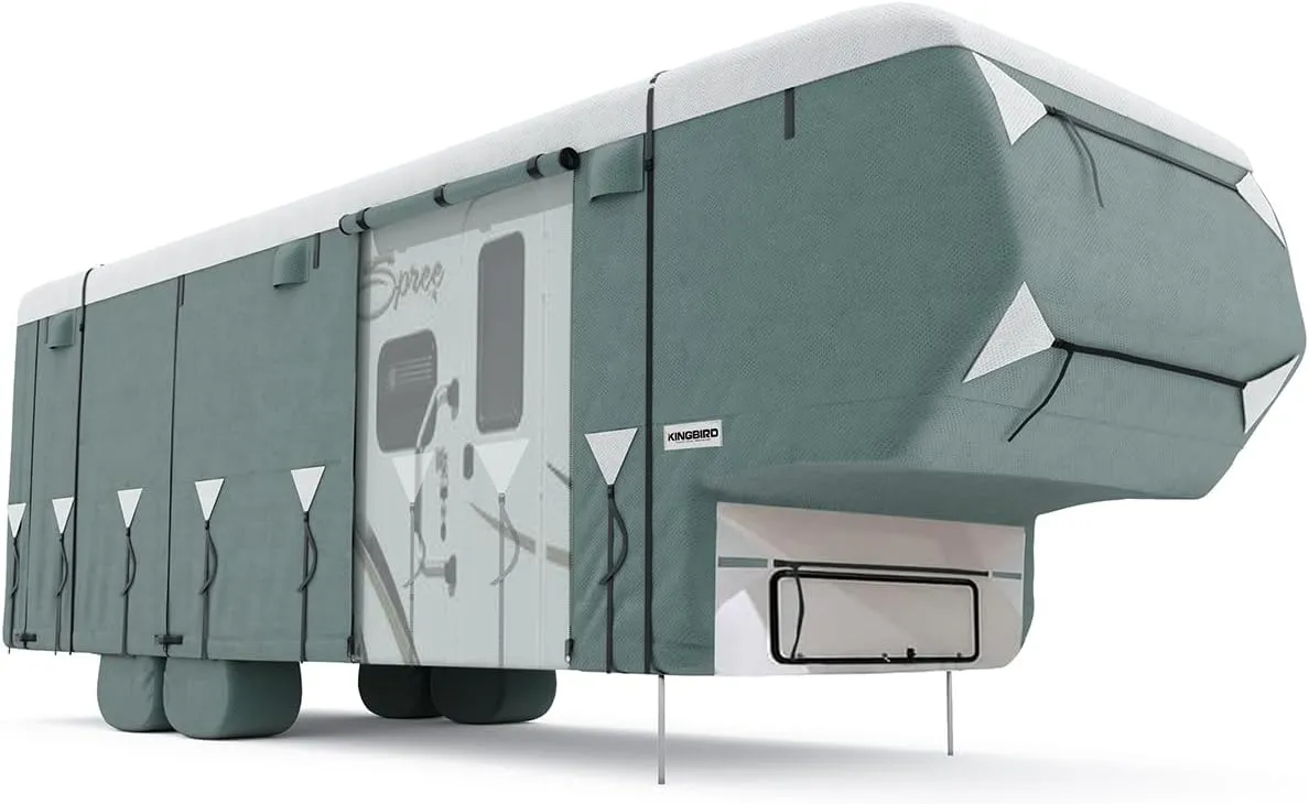 RV Cover - Heavy-Duty 5-Layer Anti-UV, Durable Camper Protection, Waterproof & Rip-Stop with Extra Straps & Tire Covers