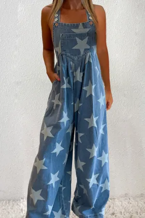 Star Square Neck Wide Leg Denim Overalls