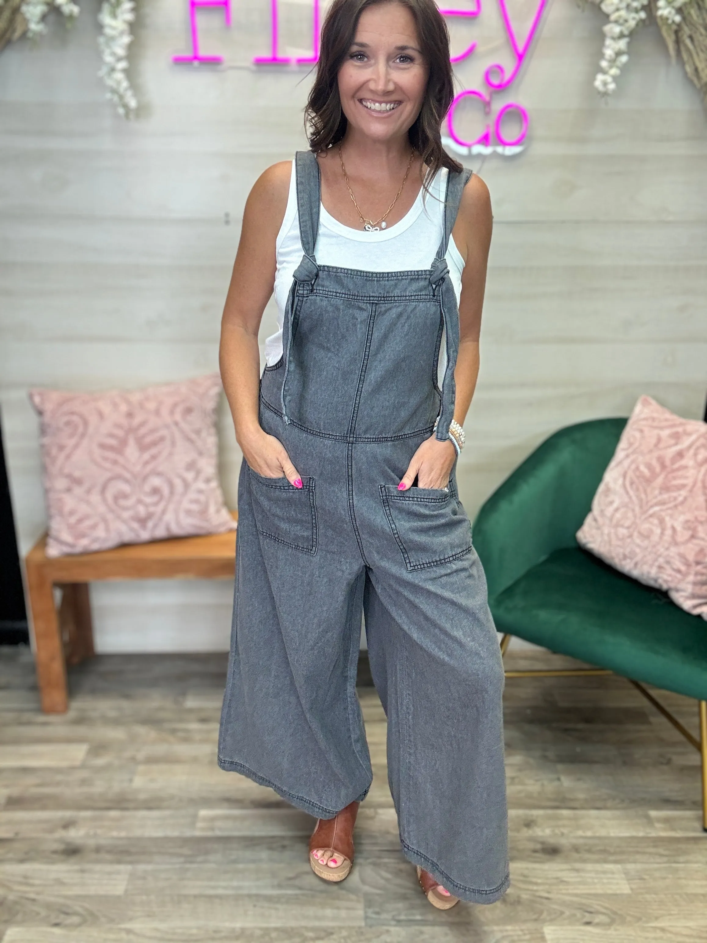 Stone Washed Wide Leg Overalls