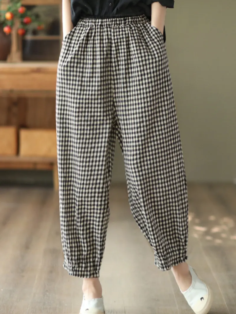 Women's Elastic Waist Plaid Casual Harem Trousers Bottom Pants