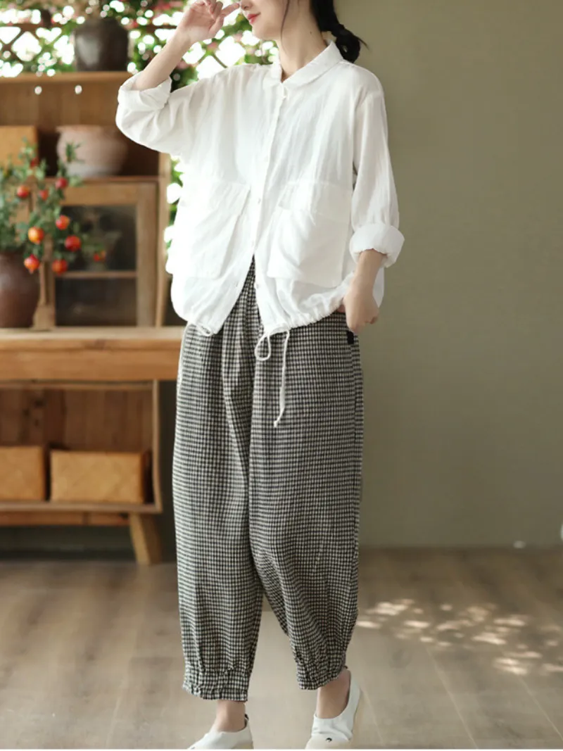 Women's Elastic Waist Plaid Casual Harem Trousers Bottom Pants