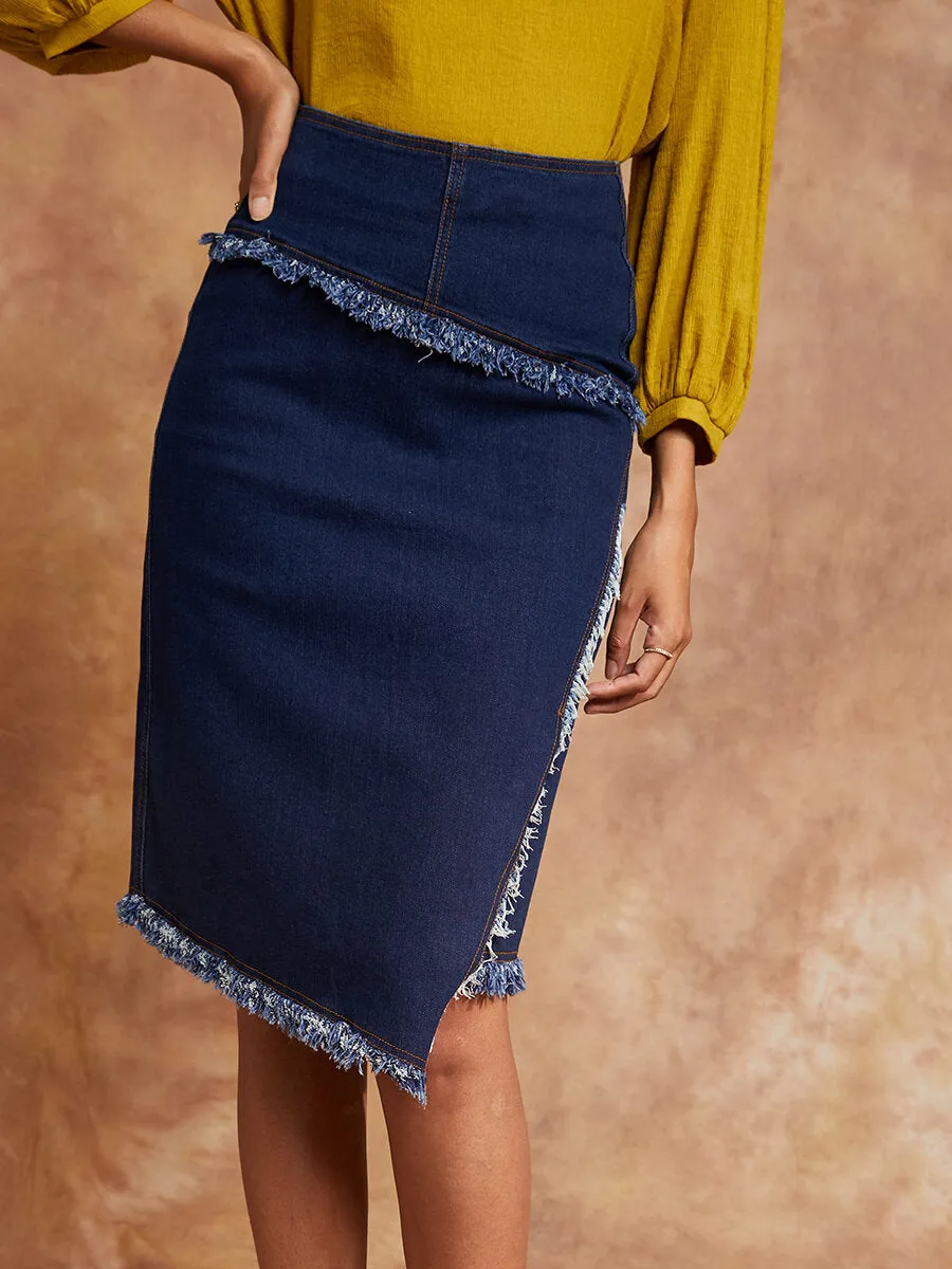 Women's High Waist Raw Hem Denim Skirt