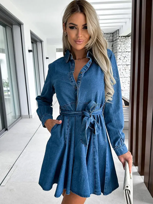 Women's waist-cinched lapel denim dress