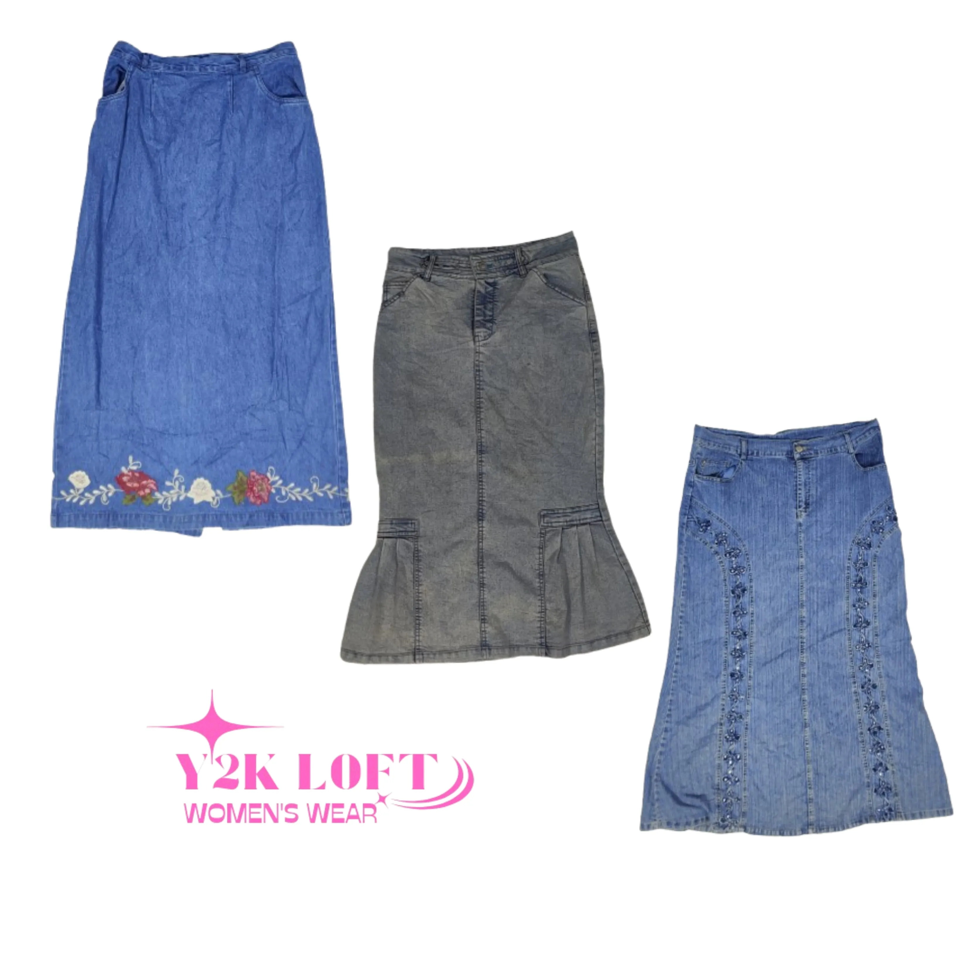 Y2K Cyber Girl Era Denim Maxi Skirts