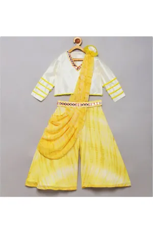 Yellow Georgette Faux Mirror Work Top with Printed Palazzo Draped Dupatta Set