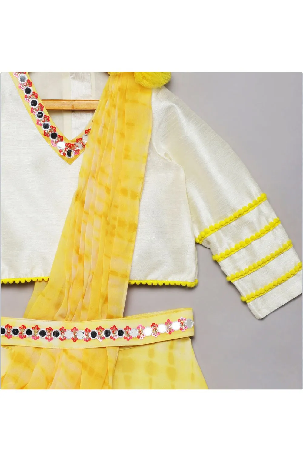 Yellow Georgette Faux Mirror Work Top with Printed Palazzo Draped Dupatta Set